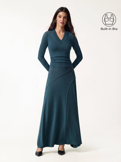 OGLmove 2Pcs Set V-neck Wide Binding Bra Top & Drapey A-Line Maxi Skirt Forest Night XXS