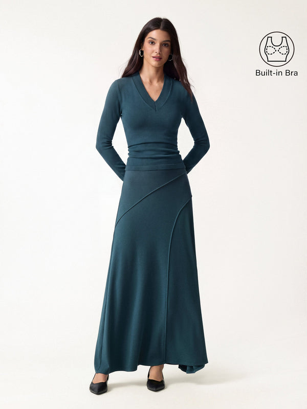 OGLmove 2Pcs Set V-neck Wide Binding Bra Top & Drapey A-Line Maxi Skirt Forest Night XXS