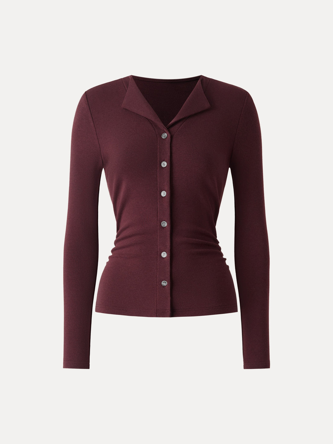 Flapped V-neck Button Front Side Ruched Top