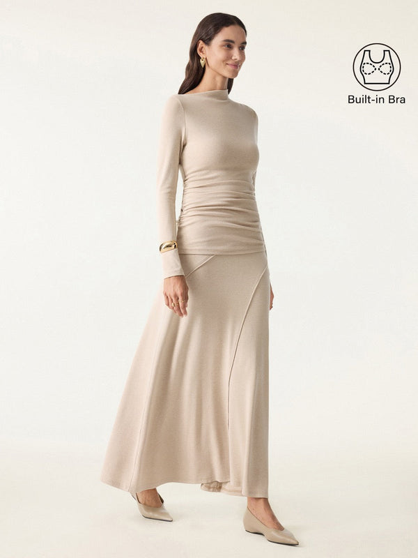 2Pcs Set Slanted Mockneck Ruched Brami & Mid Rise Pull-on Flared Maxi Skirt Natural Calico XS