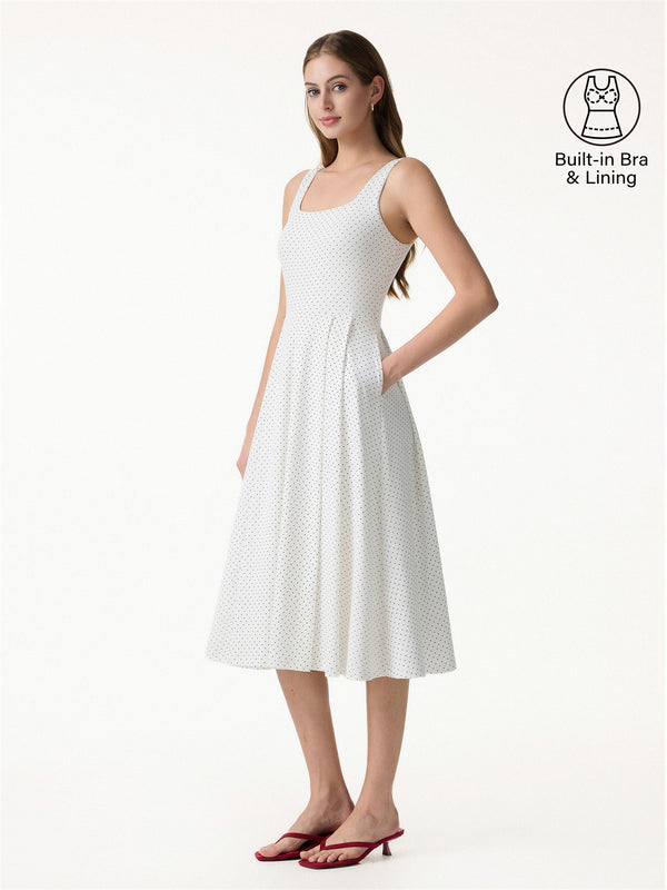 Stretch Cotton Polka Dot Square Neck Midi Bra Dress with Pockets White/Black Polka Dot XS