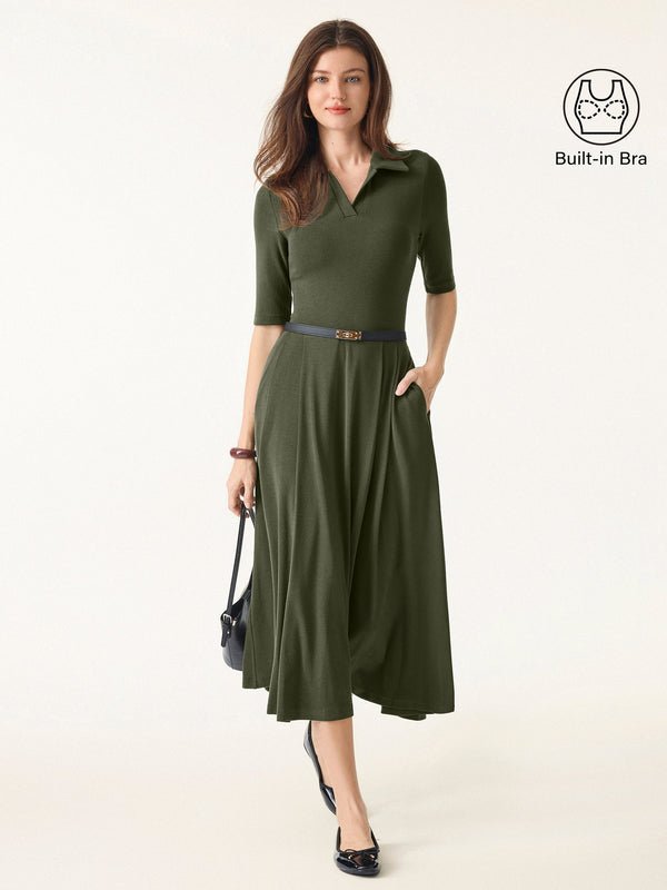 OGLmove Polo Neck Elbow Length Sleeve Midi Bra Dress with Pockets Regular Deep Olive