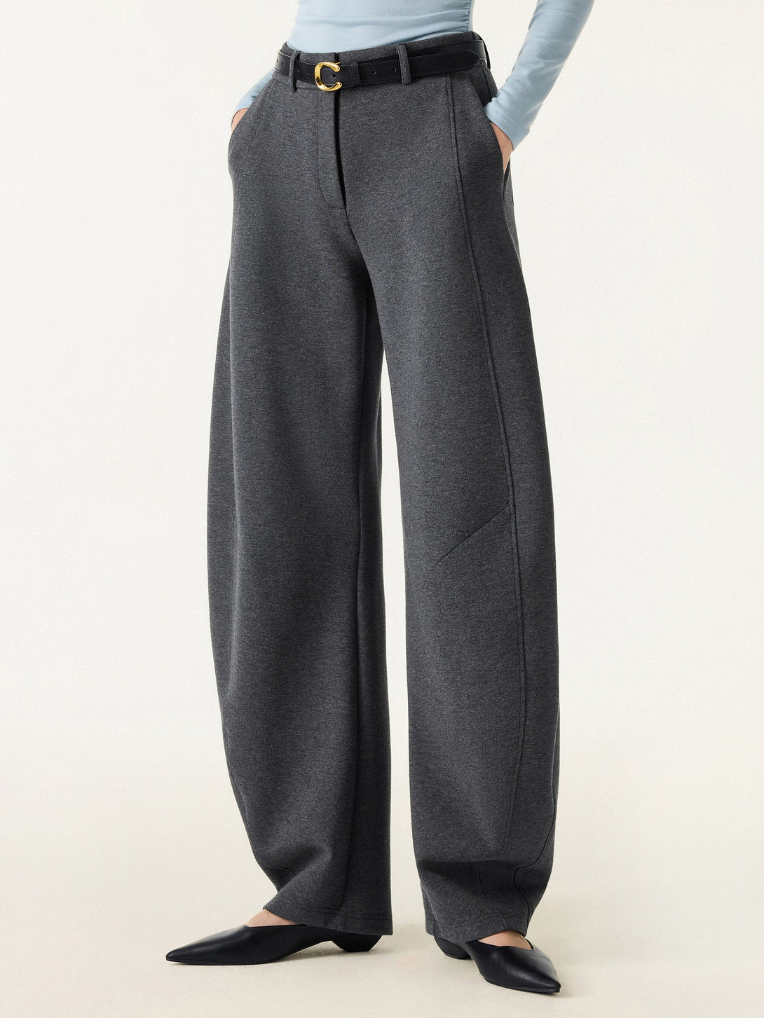 Stretch Mid Rise Barrel Leg Knit Pants with Pockets