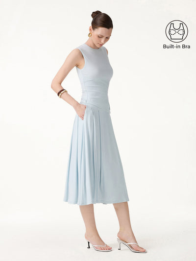 OGLmove 2Pcs Set Round Neck Twisted Bra Tank with Slit& Midi Skirt with Pockets Icy Whisper Blue XS