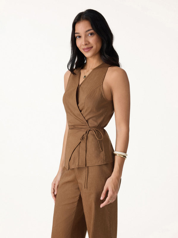 OGLmove Stretch Linen Wrap Top with Self-Tie