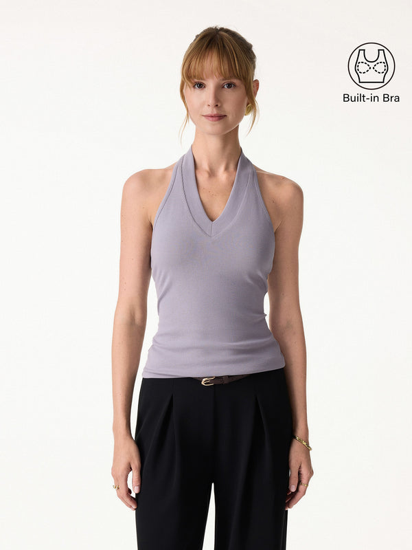 Plantive Halter Neck Open Back Bra Tank Glossy Grape XS
