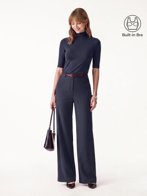 OGLmove 2Pcs Set Elbow Length Sleeve Bra Top & High-Rise Wide Leg Pants Midnight Navy/Universe Navy XXS
