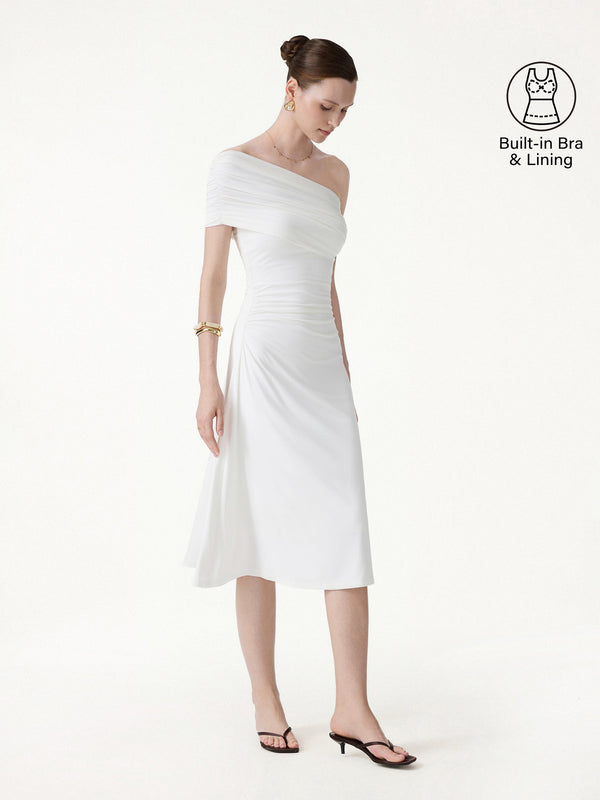 OGLmove Not-See-Thru One Shoulder Gathered Midi Bra Dress White XS