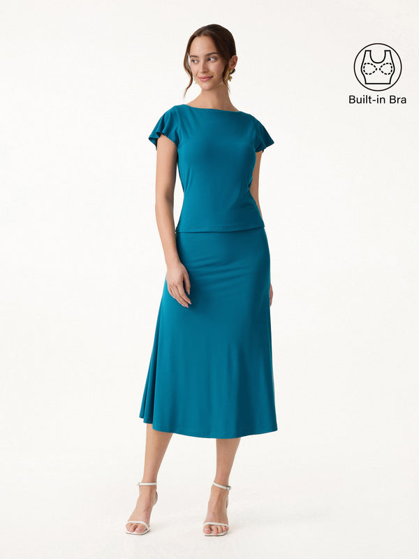 OGLmove 2Pcs Set SkinKiss Cowl Back Flutter Sleeve Bra Top & Pull-on Midi Skirt