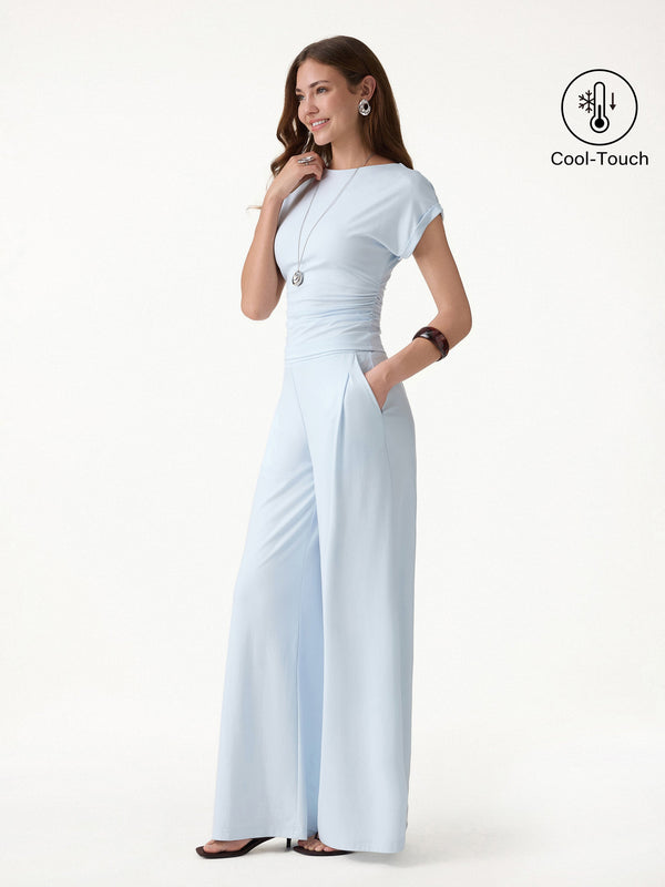 OGLmove 2Pcs Set Round Neck Ruched Tee & Mid Rise Wide Leg Pants
