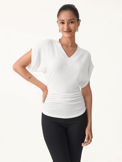 Semi-sheer Lyocell Cashmere Blend V-neck Short Sleeve Side Ruched Tee White XS