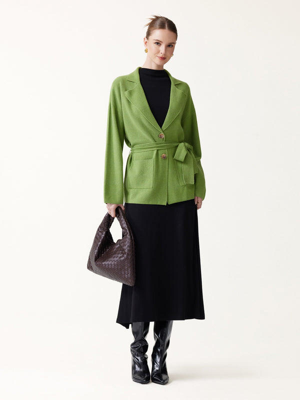 OGLmove Merino Blend Peaked Lapel Long Sleeve Belted Cardigan with Pockets