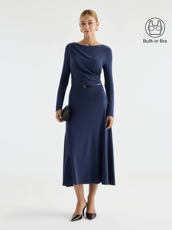OGLmove LiteWarm Boatneck Asymmetrical Ruched Built-In Bra 3.0 Midi Dress Indigo XXS