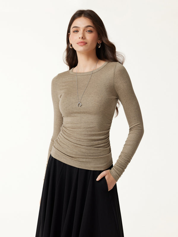 OGLmove Round Neck Long Sleeve Ruched Top Heather Tate Khaki Brown XXS