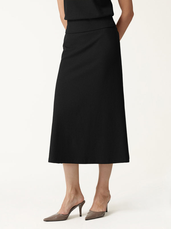 OGLmove Textured Cotton Blend Mid-Rise A-Line Midi Skirt Black XXS