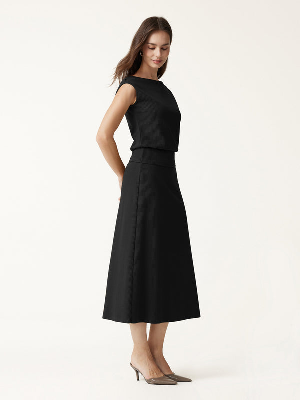 OGLmove 2Pcs Set Boatneck Sleeveless Top & Mid-Rise A-Line Midi Skirt Black XXS