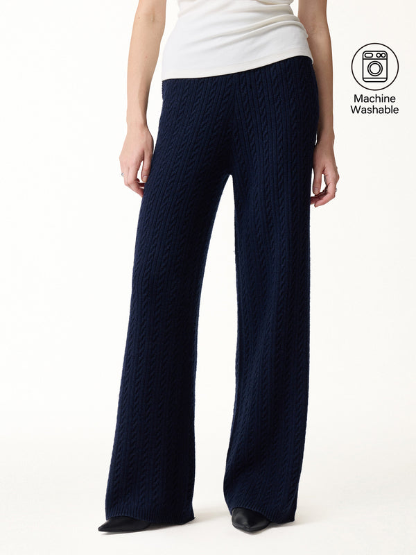 OGLmove Merino-Blend Cable-Knit Wide-Leg Pants with Pockets Navy XS