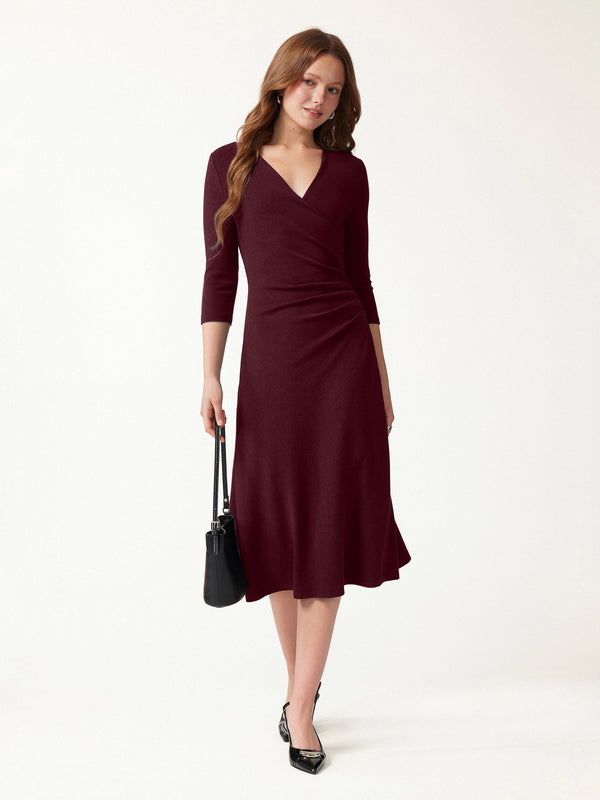 OGLmove Eco-Mousse® Surplice 3/4 Sleeve Side-Tuck Midi Dress Ruby Red XXS