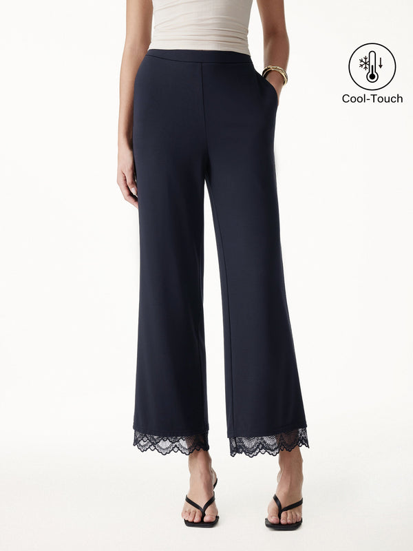 OGLmove Lace Trim Draped Mid Rise Wide Leg Pants with Pockets Regular Black