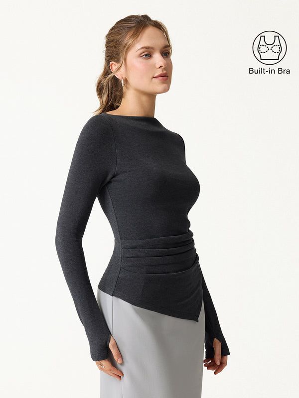 OGLmove ProWarm Boatneck Side Tucks Asymmetrical Bra Top Heather Night Charcoal XXS