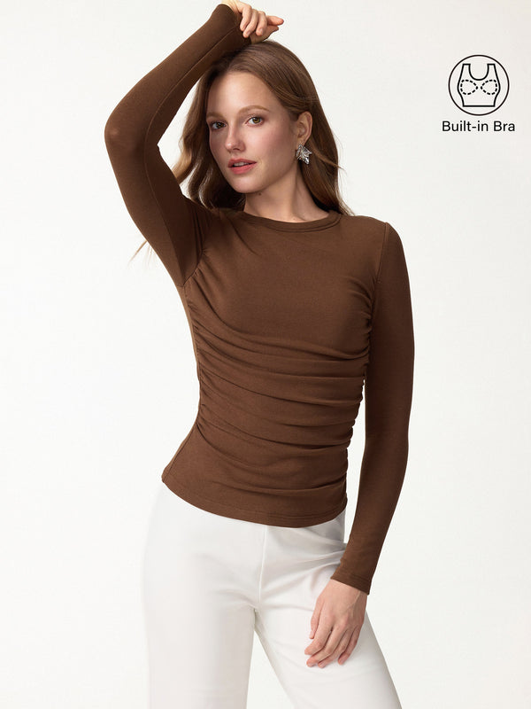 OGLmove Eco-Mousse® Roundneck Long Sleeve Ruched Bra Top Sweet Hazelnut XXS