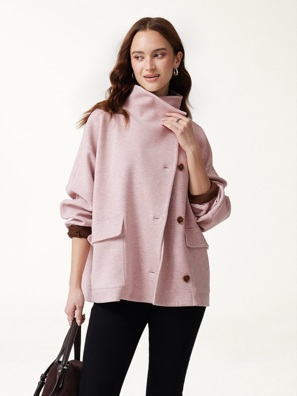 OGLmove FuzzLuxe Mock Neck Long Sleeve Button-Down Jacket with Pockets Heather Millennial Pink XXS