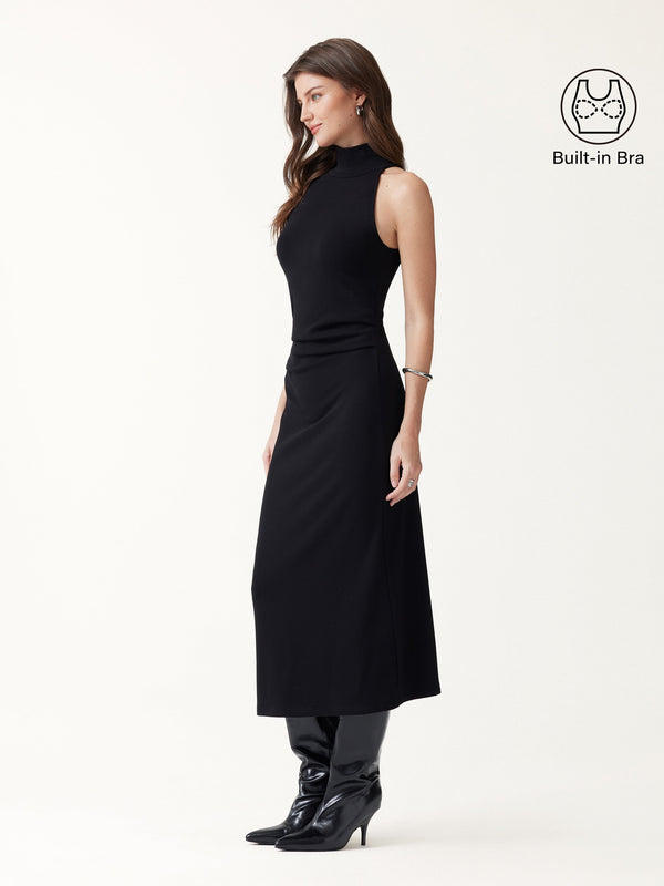 OGLmove ProWarm Turtleneck Sleeveless Side-Tuck Built-In Bra Midi Dress Black XXS