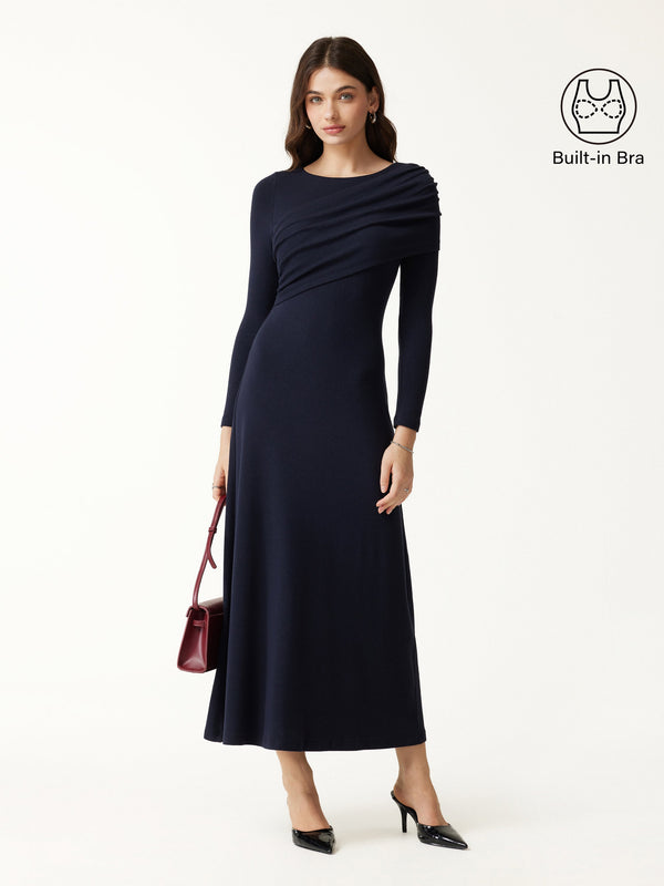 OGLmove Eco-Mousse® Boatneck Ruched A-Line Midi Bra Dress Smoky Navy XXS