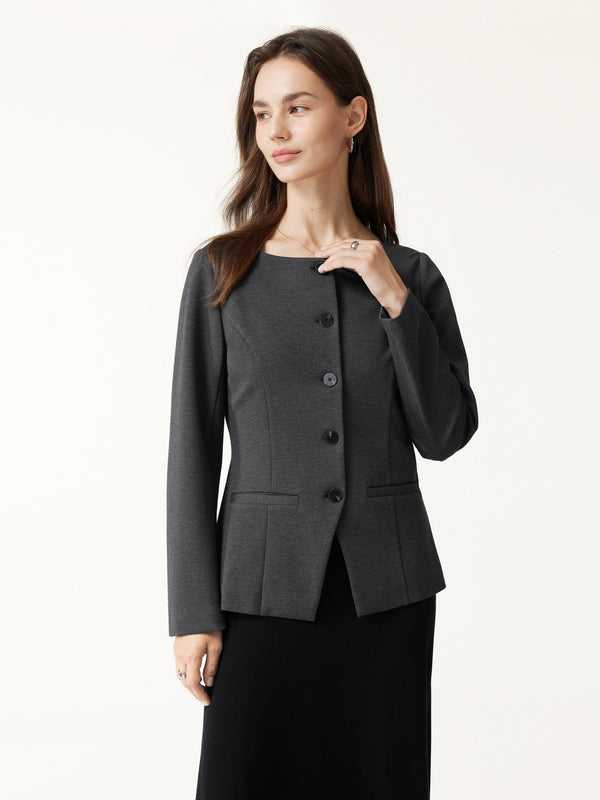 OGLmove Ponte Office Round Neck Long Sleeve Jacket with Pockets