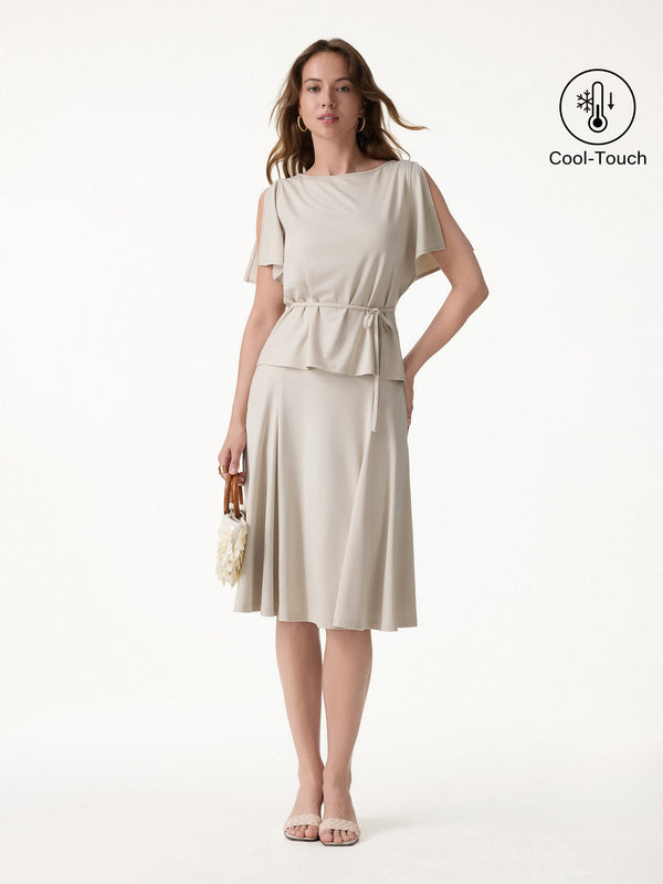 OGLmove 2Pcs Set Relaxed Boatneck Top & Midi Skirt with Pockets Limestone XS