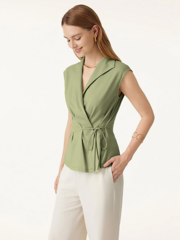 Icy Ponte Flap Collar Surplice Sleeveless Top with Drawstring Tie