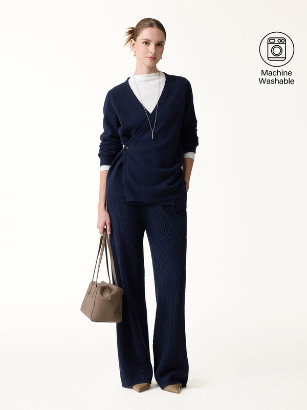 OGLmove 2Pcs Set V-Neck Long Sleeve Wrap Sweater & Cable-Knit Wide-Leg Pants with Pockets Navy XS