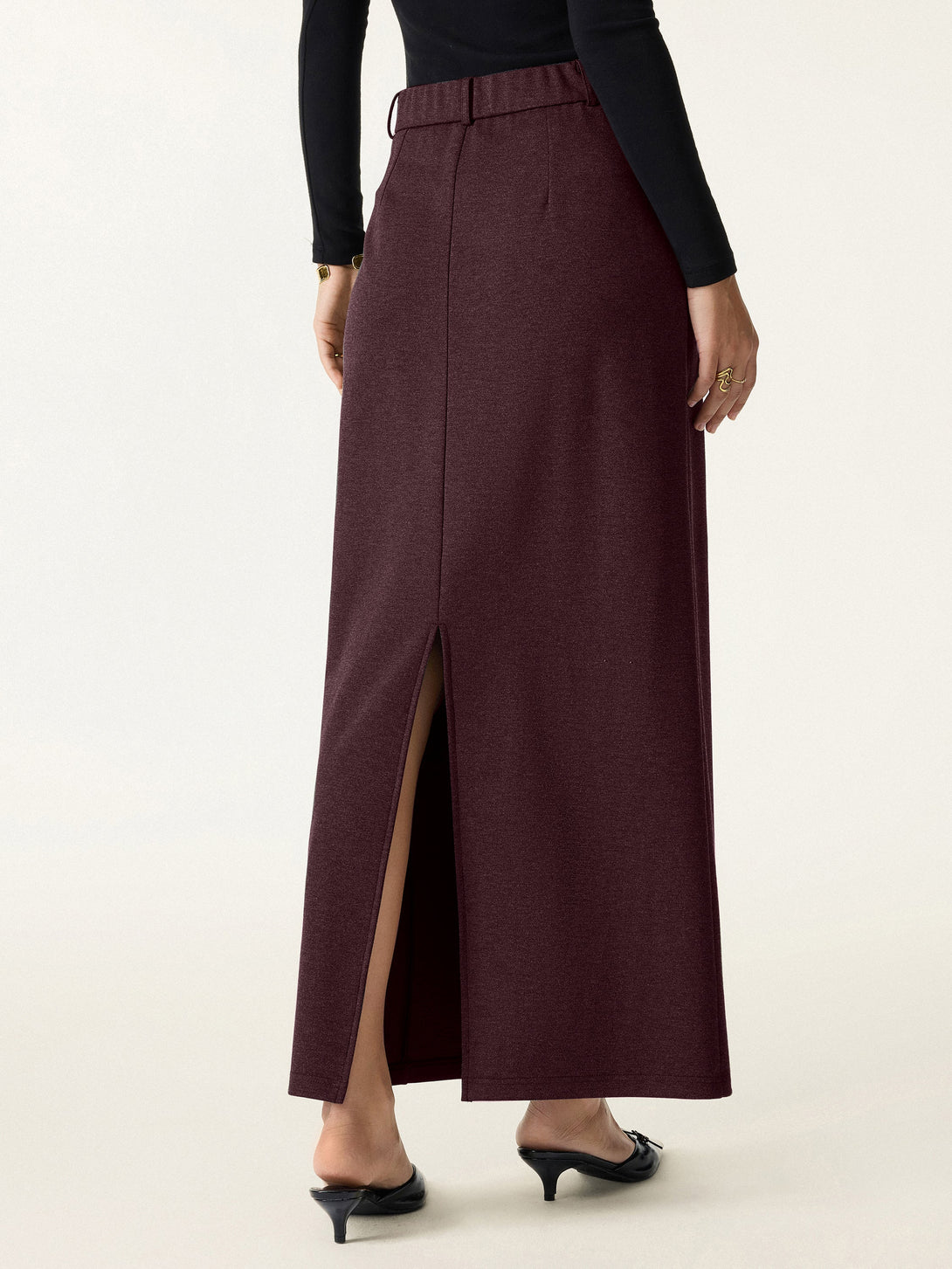 Stretchy Mid Rise Pencil Midi Skirt with Slit