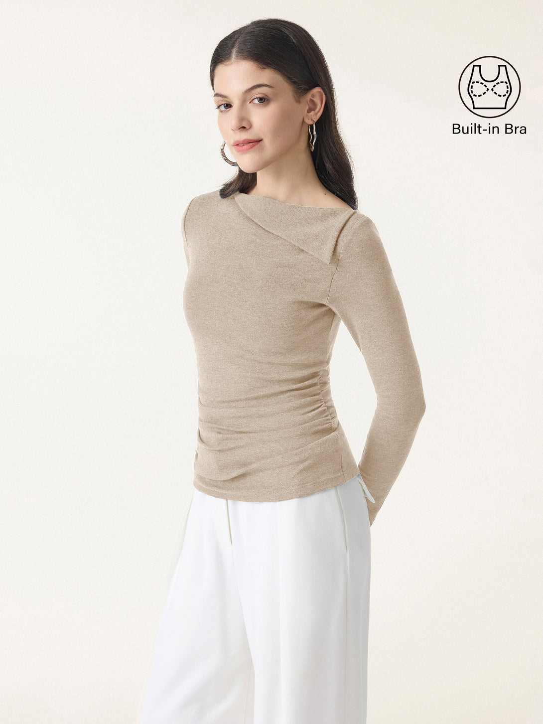 Light Warm Asymmetrical Fold-Over Side Ruched Brami Top Natural Calico XS