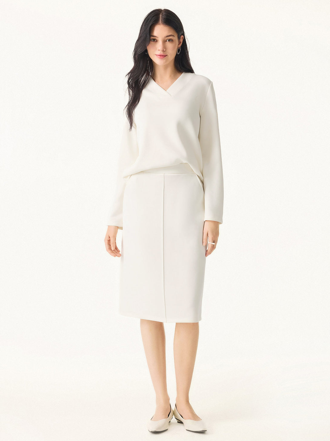 2Pcs Set Modal Spacer V-neck Pullover Shirt & A-Line Midi Skirt with Pockets