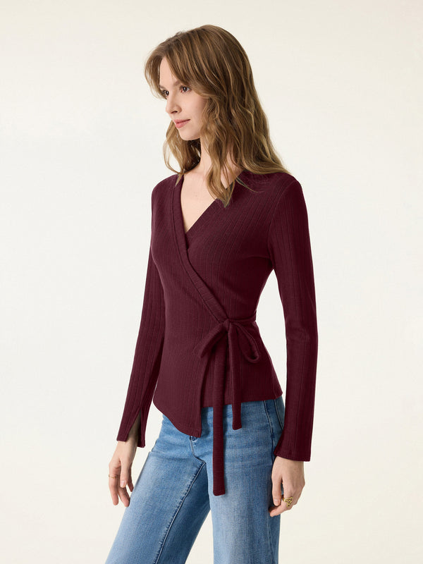 OGLmove Wide Ribbed Crossover Long Sleeve Tie-Waist Top Ancora XXS