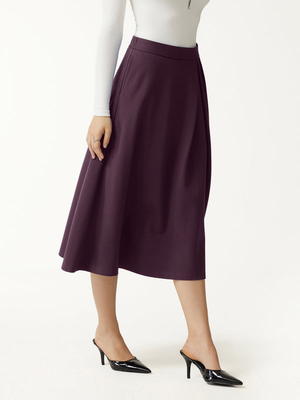 OGLmove Ponte Mid-Rise Tucked A-Line Midi Skirt with Pockets Plum Noir Purple XXS