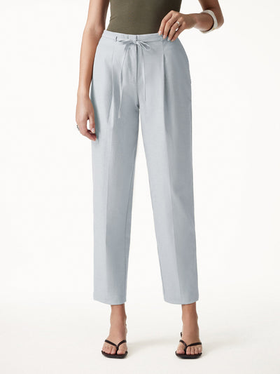 Wrinkle-Resistant Linen-Like Cropped Tapered Leg Pants with Pockets