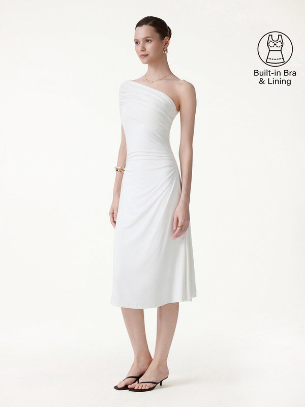 OGLmove Not-See-Thru One Shoulder Gathered Midi Bra Dress