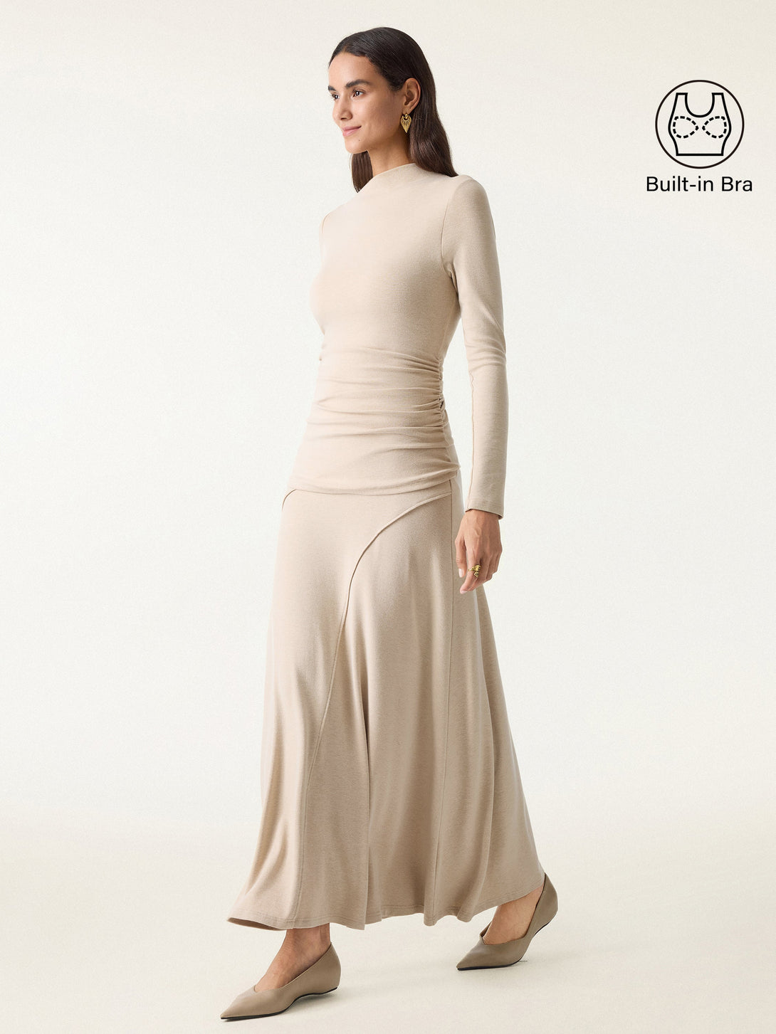2Pcs Set Slanted Mockneck Ruched Brami & Mid Rise Pull-on Flared Maxi Skirt