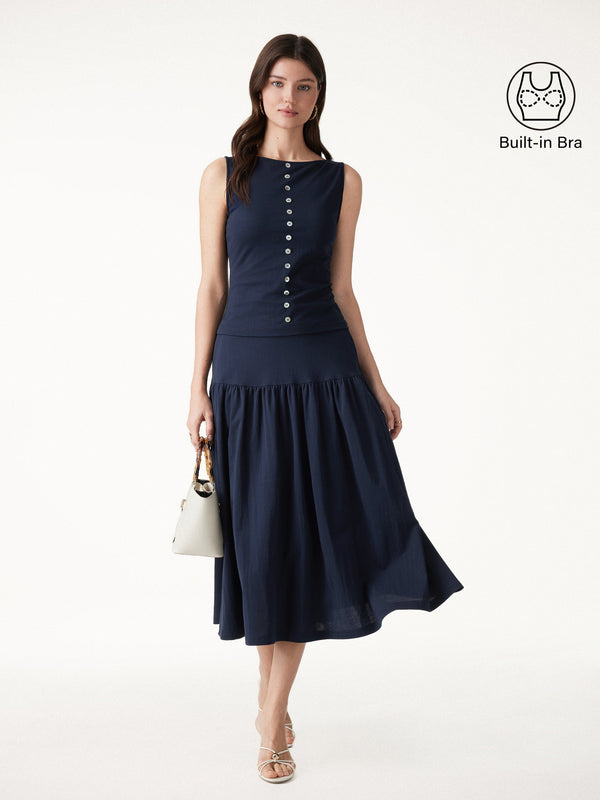 OGLmove 2Pcs Set Cropped Bra Top & Midi Skirt with Pockets Smoky Navy XS