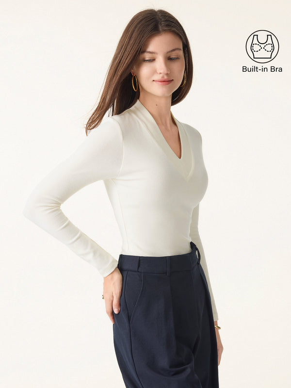 OGLmove Essential V-neck Wide Binding Slimming Bra Top Off White XXS