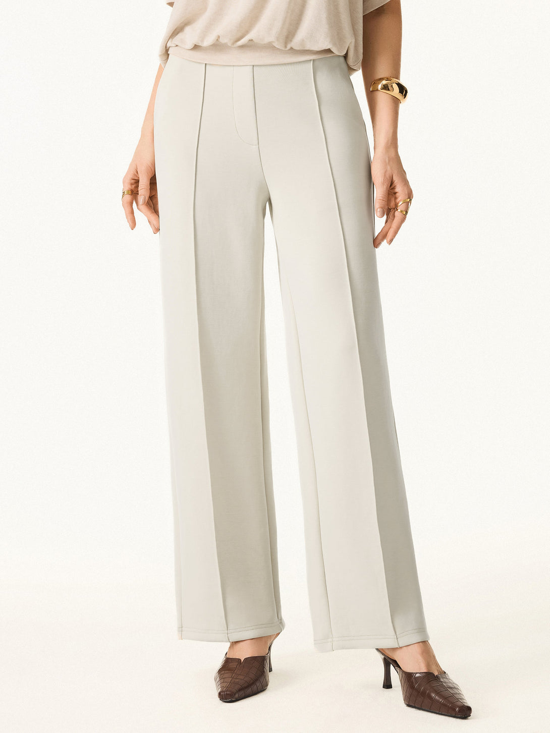 Wrinkle-Resistant Mid Rise Straight Leg Pants with Pockets Petite Ash Ivory