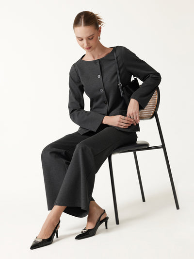 OGLmove 2Pcs Set Neck Long Sleeve Jacket with Pockets & Mid-Rise Wide-Leg Pants with Pockets Heather Black Grey XXS