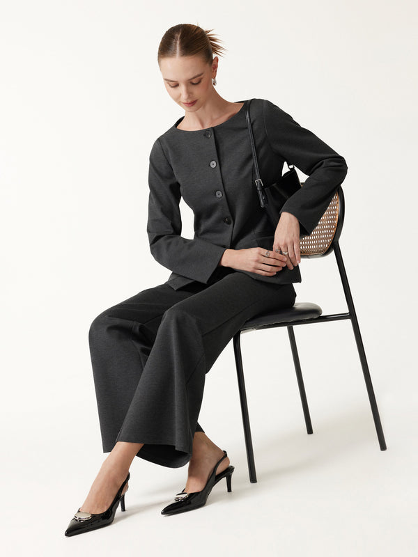 OGLmove 2Pcs Set Neck Long Sleeve Jacket with Pockets & Mid-Rise Wide-Leg Pants with Pockets Heather Black Grey XXS