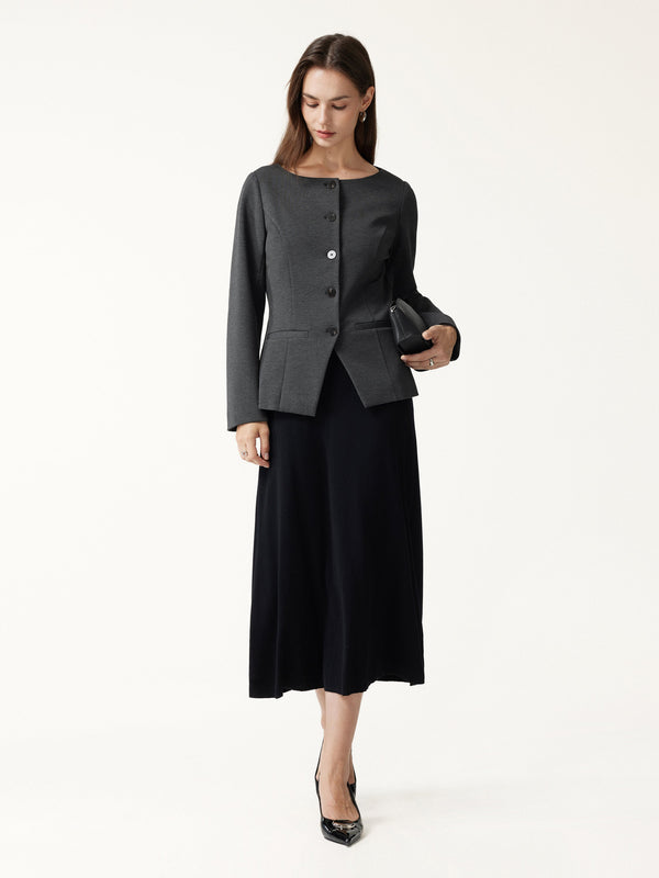 OGLmove Ponte Office Round Neck Long Sleeve Jacket with Pockets Heather Black Grey XXS
