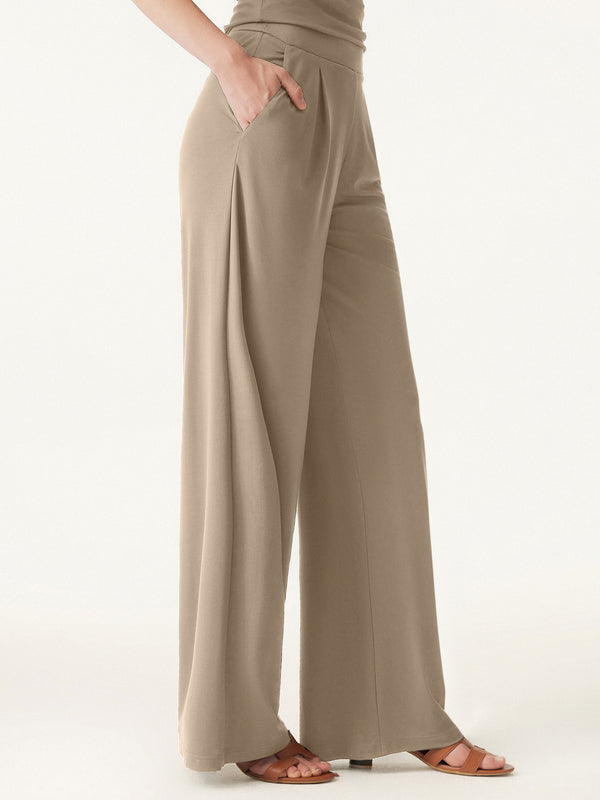 Mid Rise Pull-on Wide Leg Peated Pants with Pockets