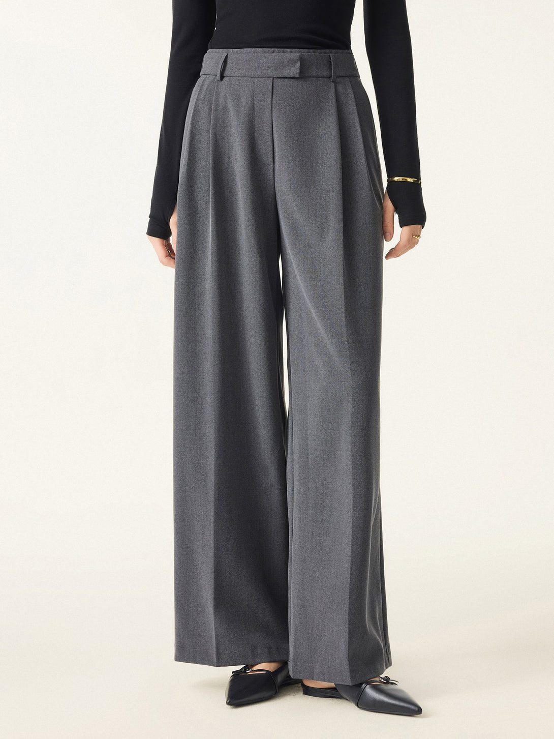 Double-Pleated Mid Rise Wide Leg Trousers Regular Heather Night Charcoal