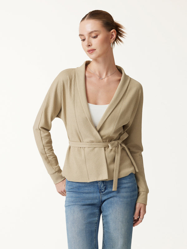 OGLmove Textured Cotton Blend Lapel Belted Open-Front Jacket Paper Bag Beige XXS