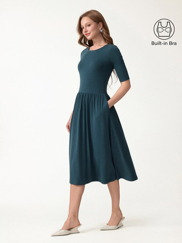 OGLmove Eco-Mousse® Round Neck Elbow Sleeve Fit-and-Flare Midi Bra Dress with Pockets Forest Night XXS
